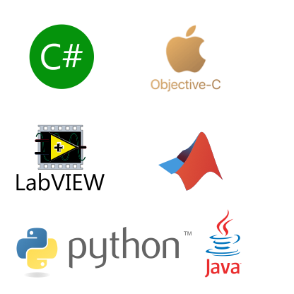 C/C++/C#/Objective-C |  LabVIEW | LabWindows/CVI | MATLAB/Octave | Python/MicroPython | Java | Javascript / Node.js